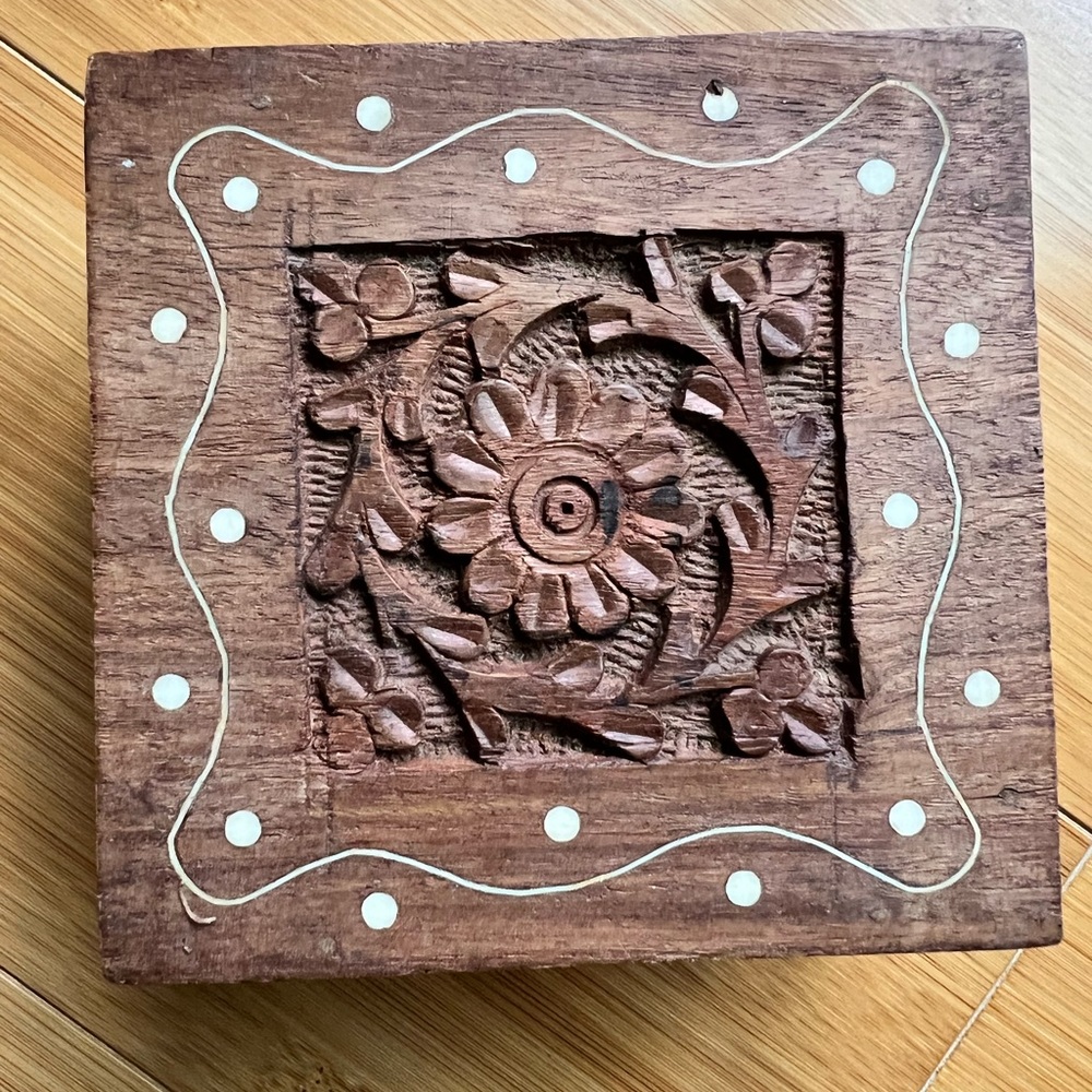 Vintage Floral Carved Handcrafted Wooden Jewelry Keepsake Box